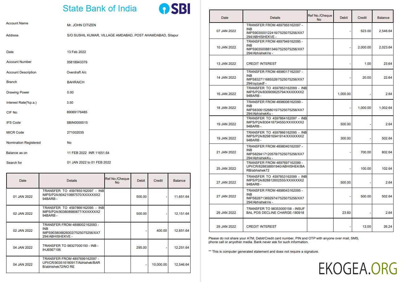 Relevé bancaire de la India State Bank of India (SBI) 2 pages